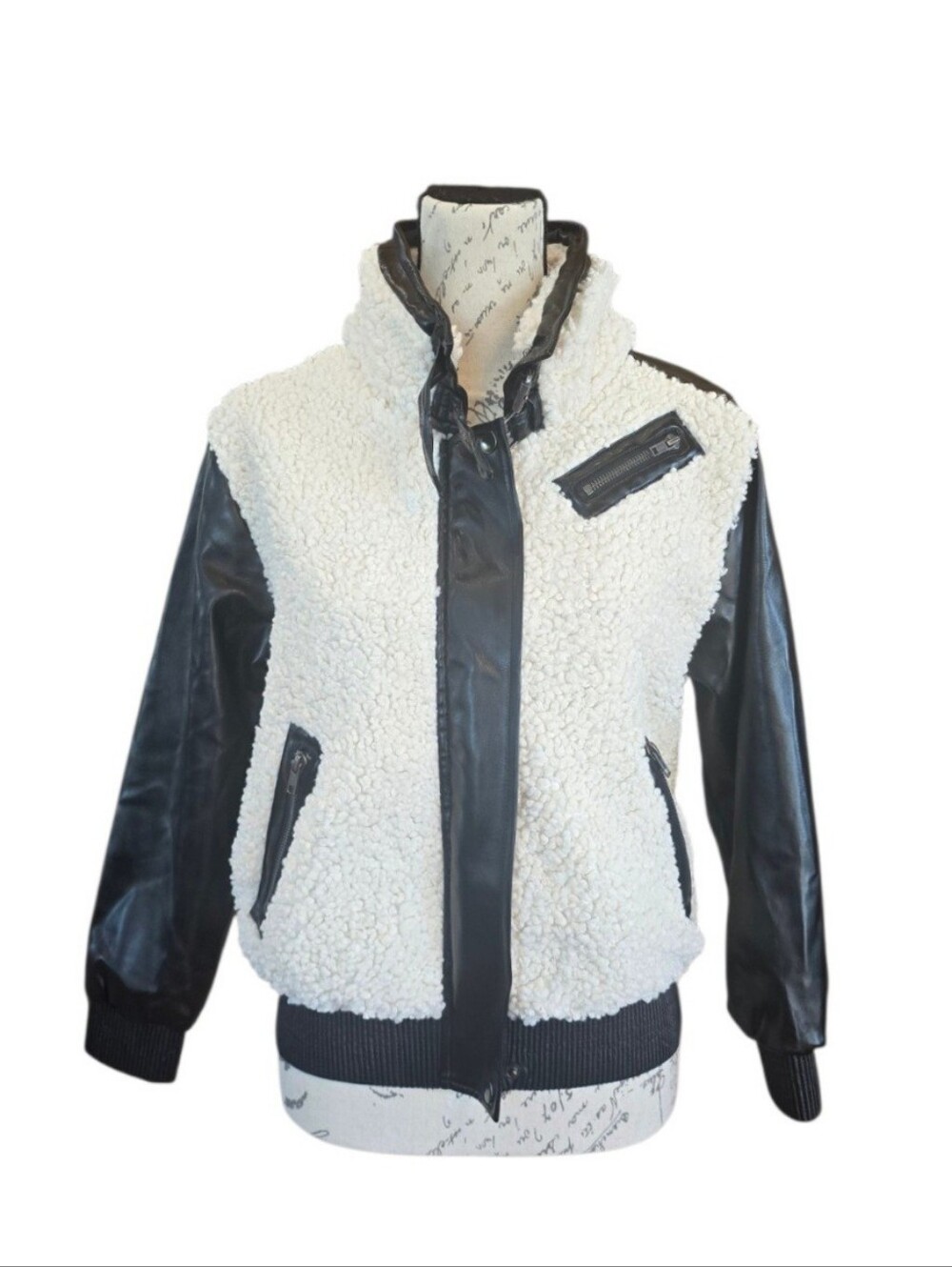 Vintage Havana Girls Black Faux Leather Sherpa Moto Bomber Jacket XL